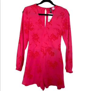 H&M Divided Floral Romper Womens Size 4 Pink Red Long Sleeve V-Neck Keyhole Back